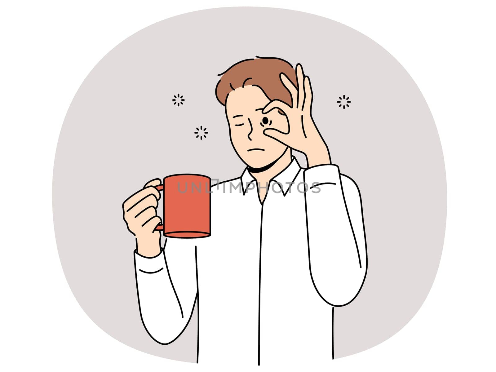 Sleepy man with mug of coffee, opens eyes with hand and needs to rest due to lack of energy and drowsiness. Tired young guy drinks coffee drink to cheer up and continue productive work.
