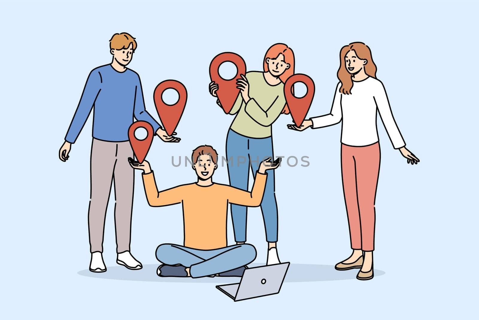 Team of students uses online communication on network, standing near laptop and holding red geotags in hands. Online communication technology for educational or professional purposes