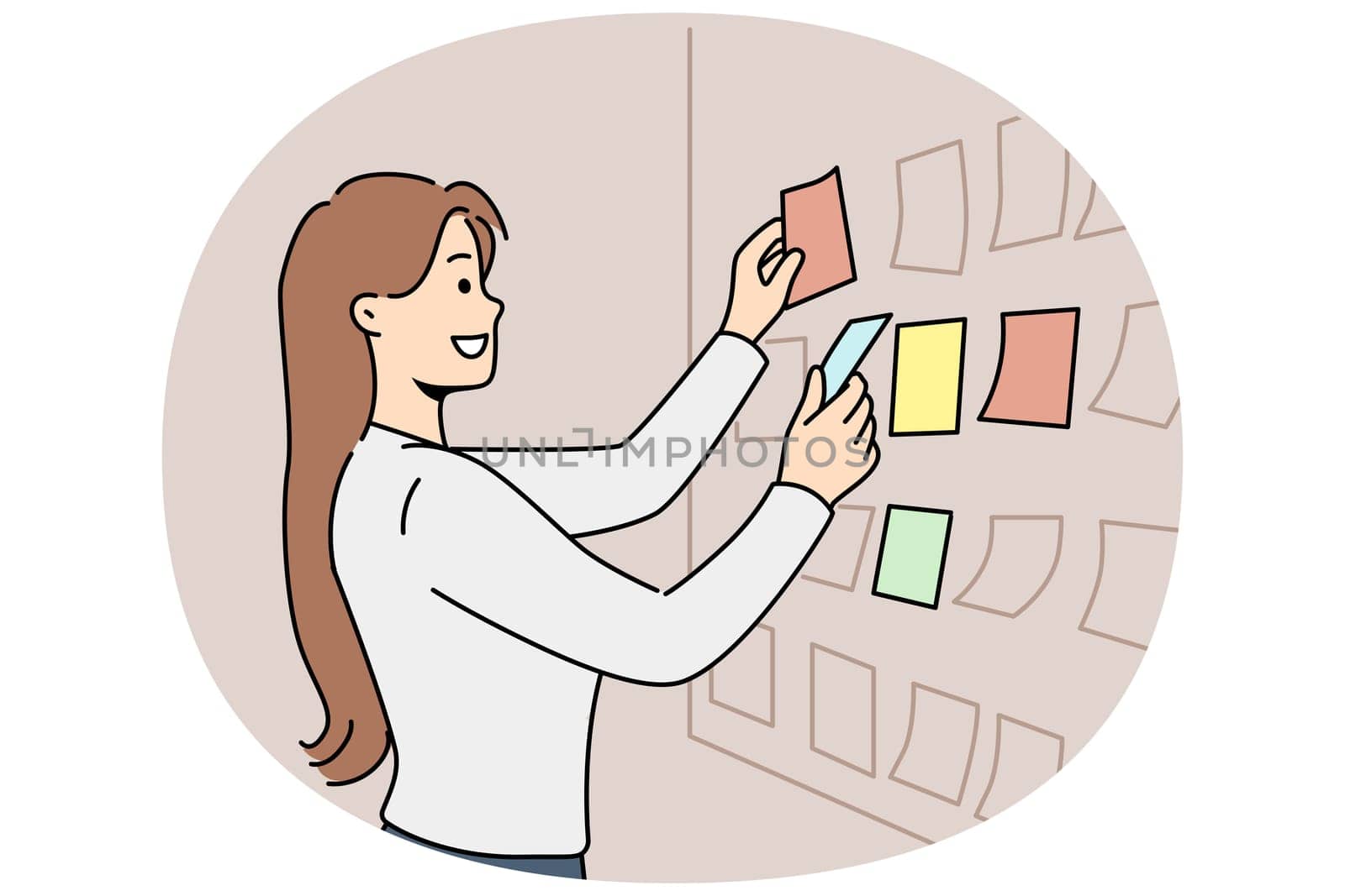 Business woman stands near scrum board with stickers and is engaged in kanban task planning. Girl manager or team leader of it company smiling while preparing new scrum sprint for programmers