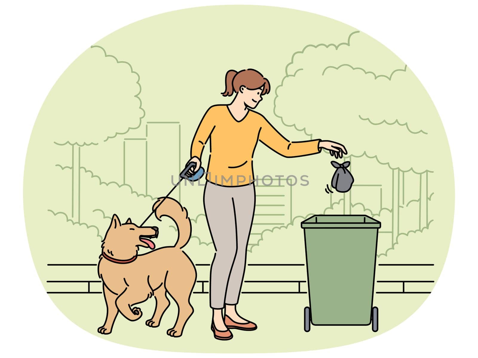 Woman walking dog throws bag of puppy poop into trash can, taking care of cleanliness of park. Smiling girl cleaning up after dog on street, showing responsibility and love for environment