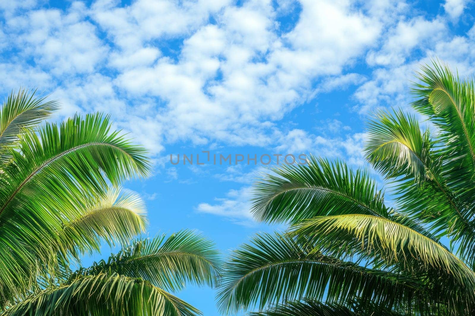 Experience the beauty of a lush tropical scene featuring magnificent palm trees reaching towards a vibrant blue sky dotted with fluffy clouds.