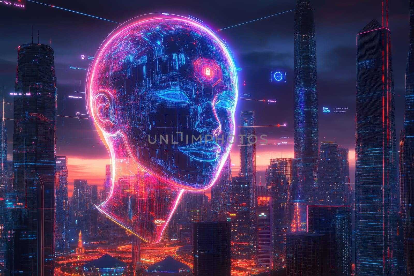 A captivating futuristic user profile interface hovers above a vibrant cityscape, blending technology and artistry. Neon colors illuminate the skyline, enhancing the digital concept.