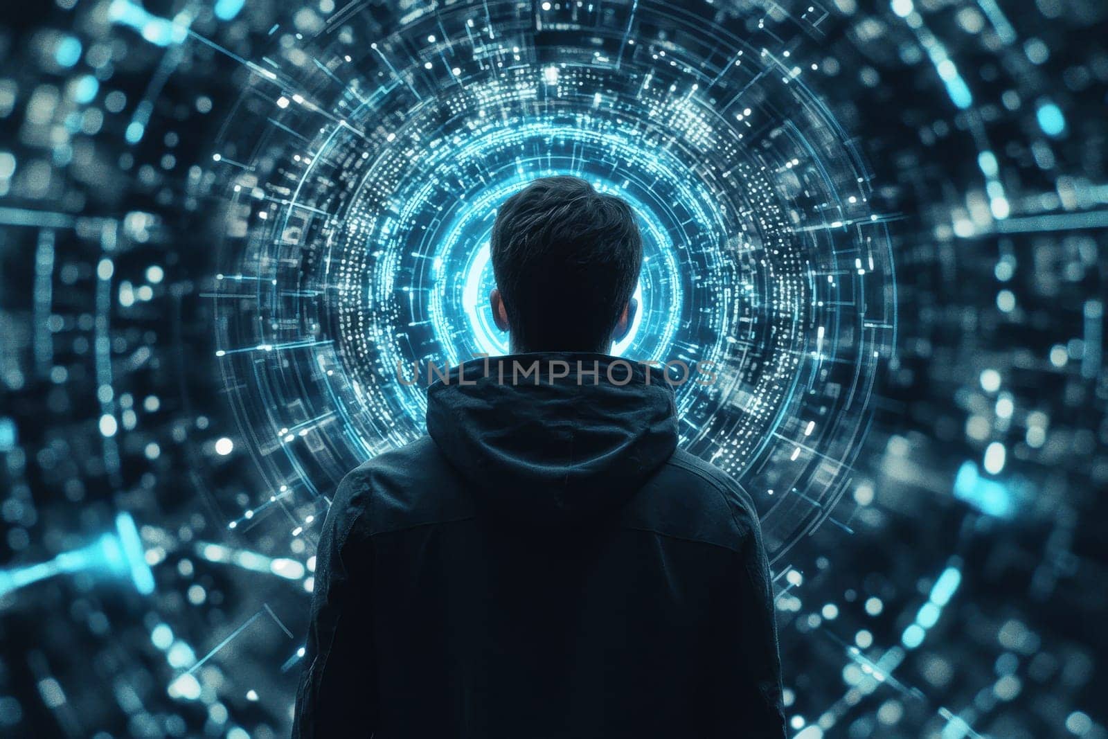 A striking cyberpunk scene featuring a hacker silhouetted against an intricate, glowing digital background, symbolizing impenetrable security and advanced technology.