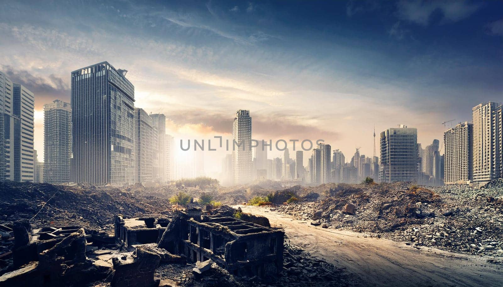 ruins of a modern city, AI generated image