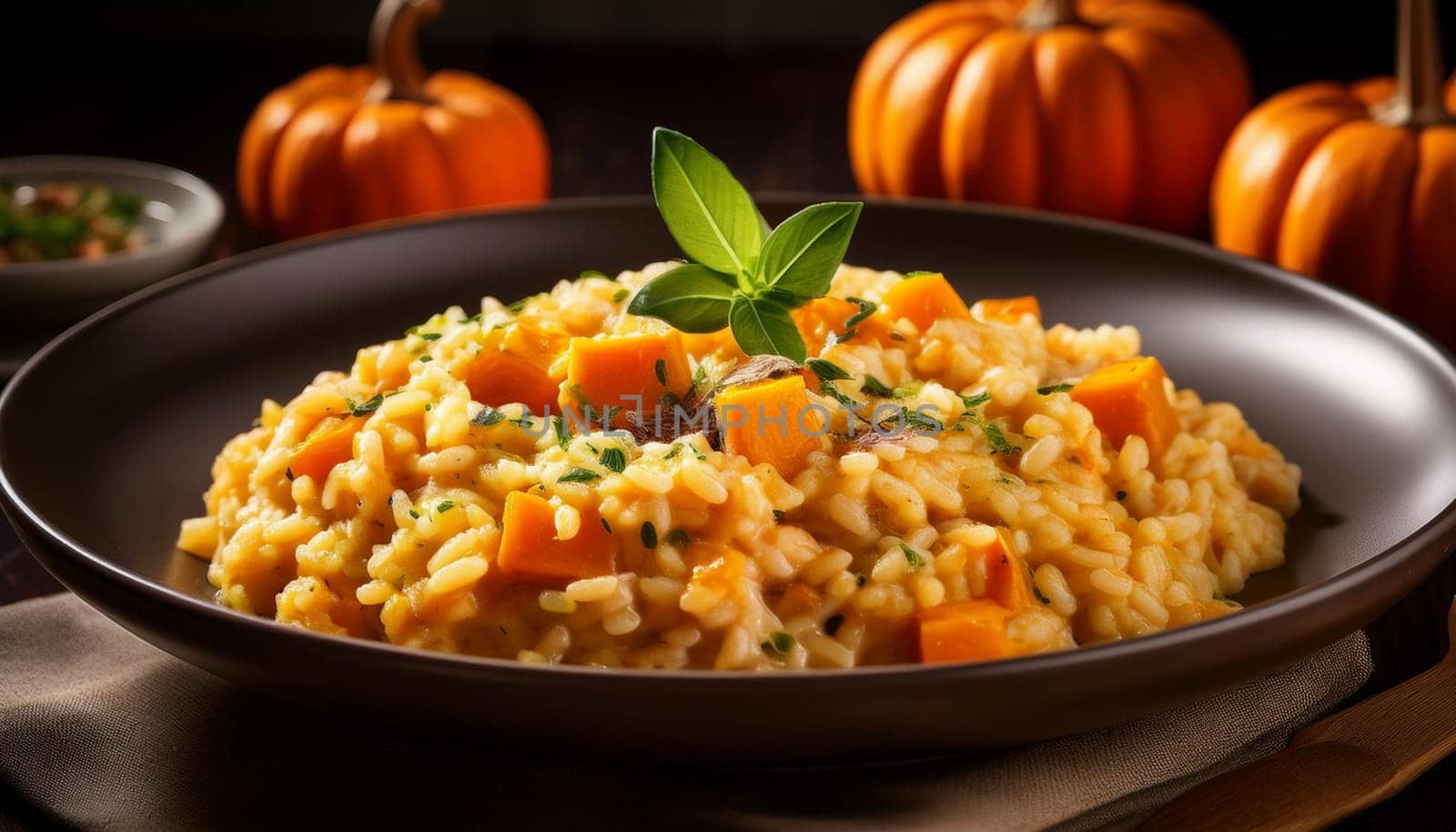 vegetarian pumpkins risotto, AI generated image