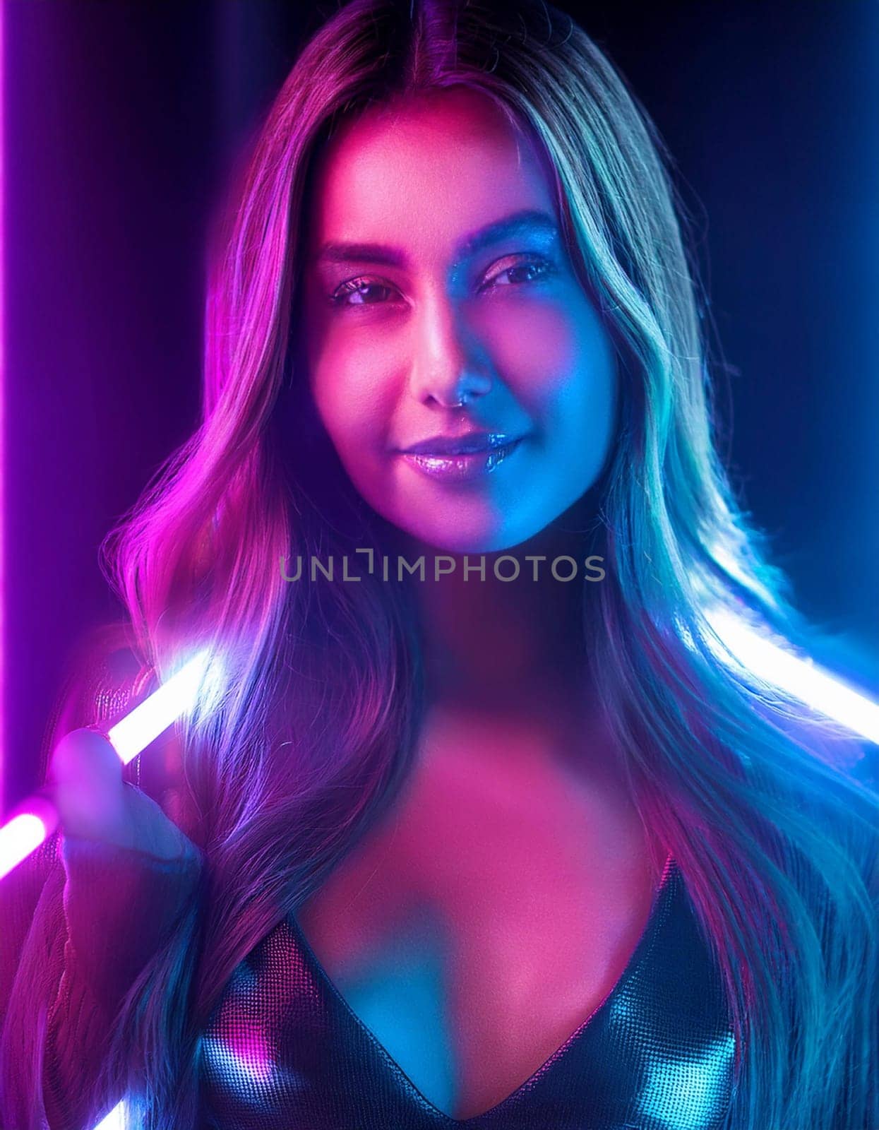 pretty young woman in glimmering neon lights, AI generated image