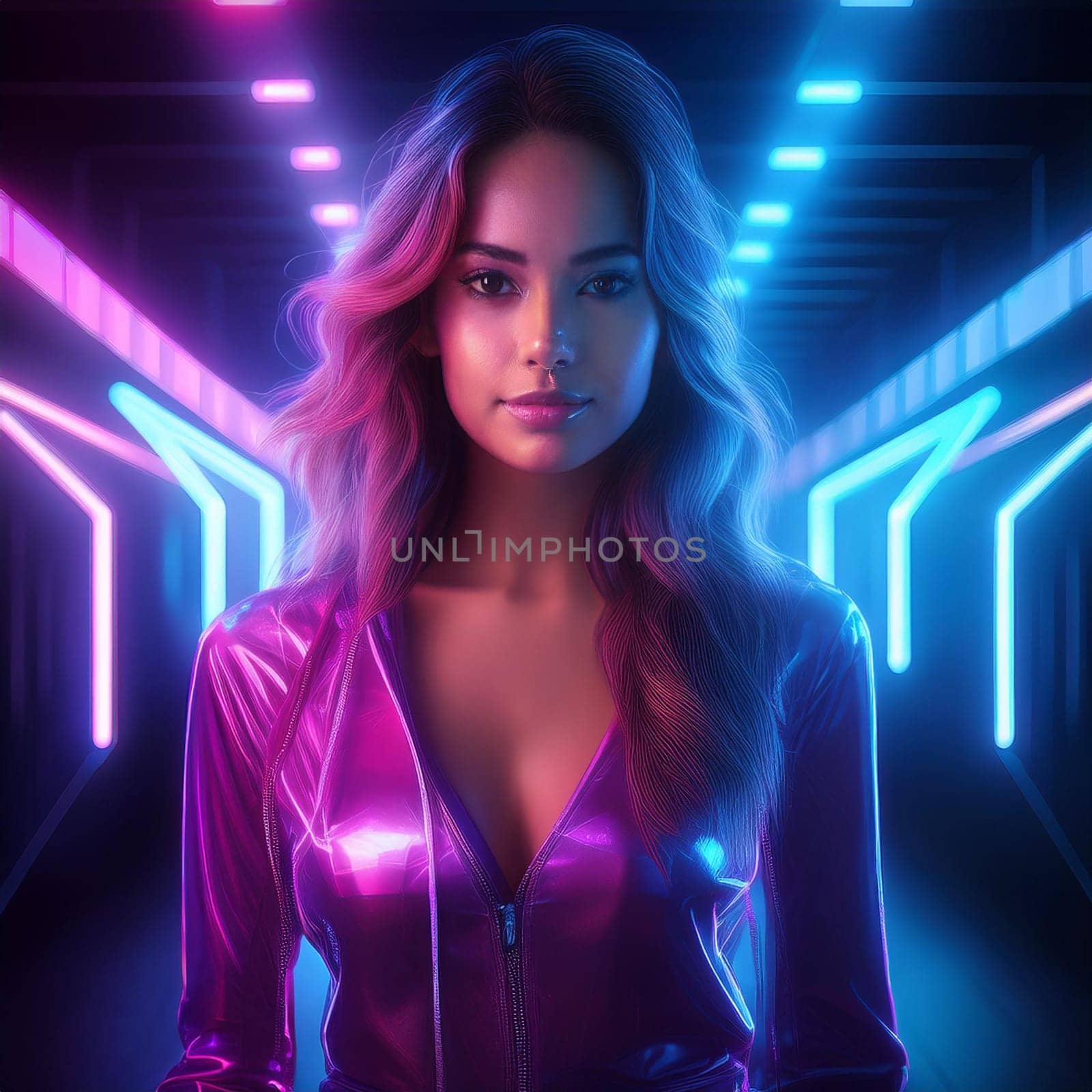 pretty young woman in glimmering neon lights, AI generated image