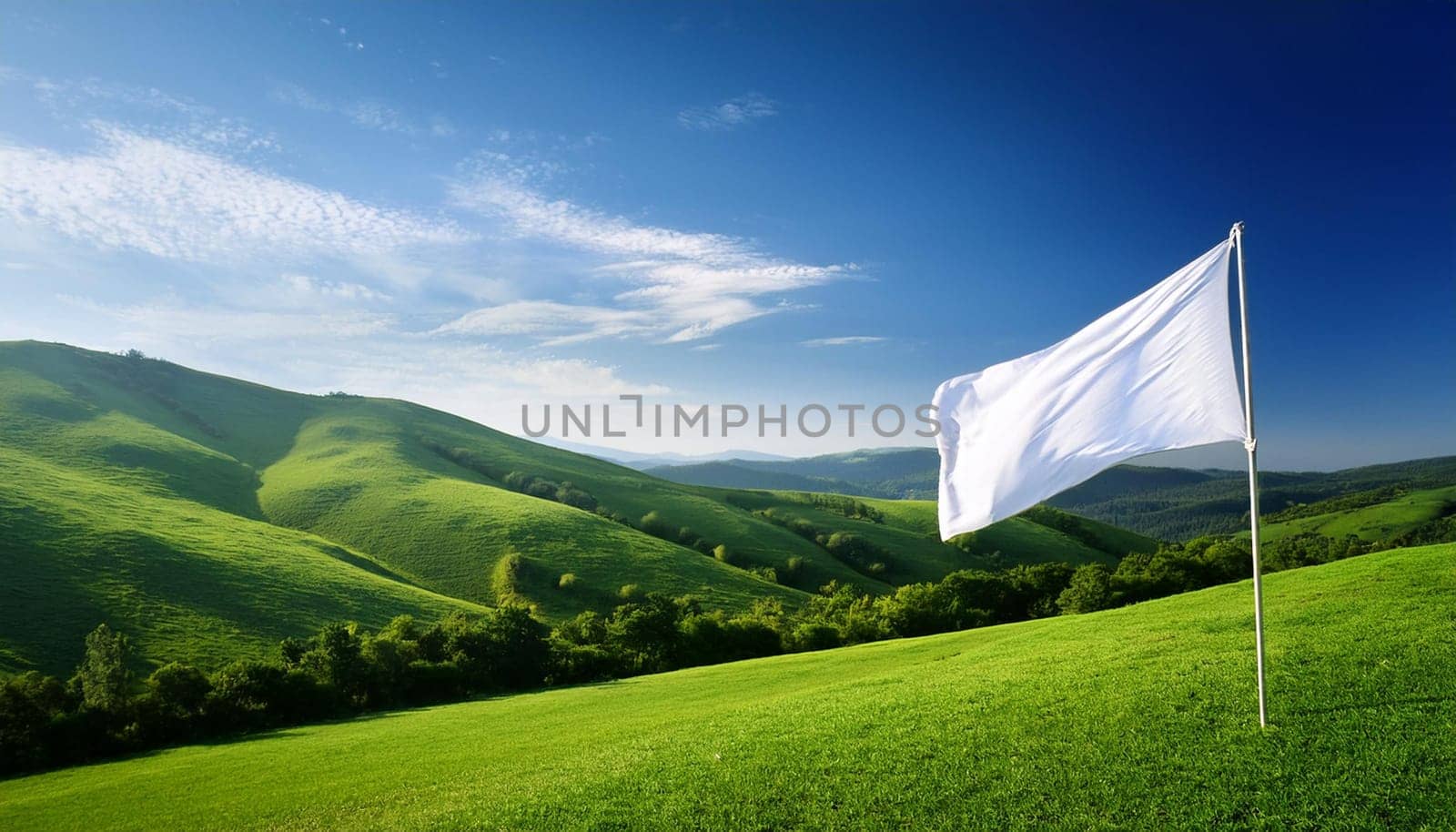 white flag over green hills, AI generated image