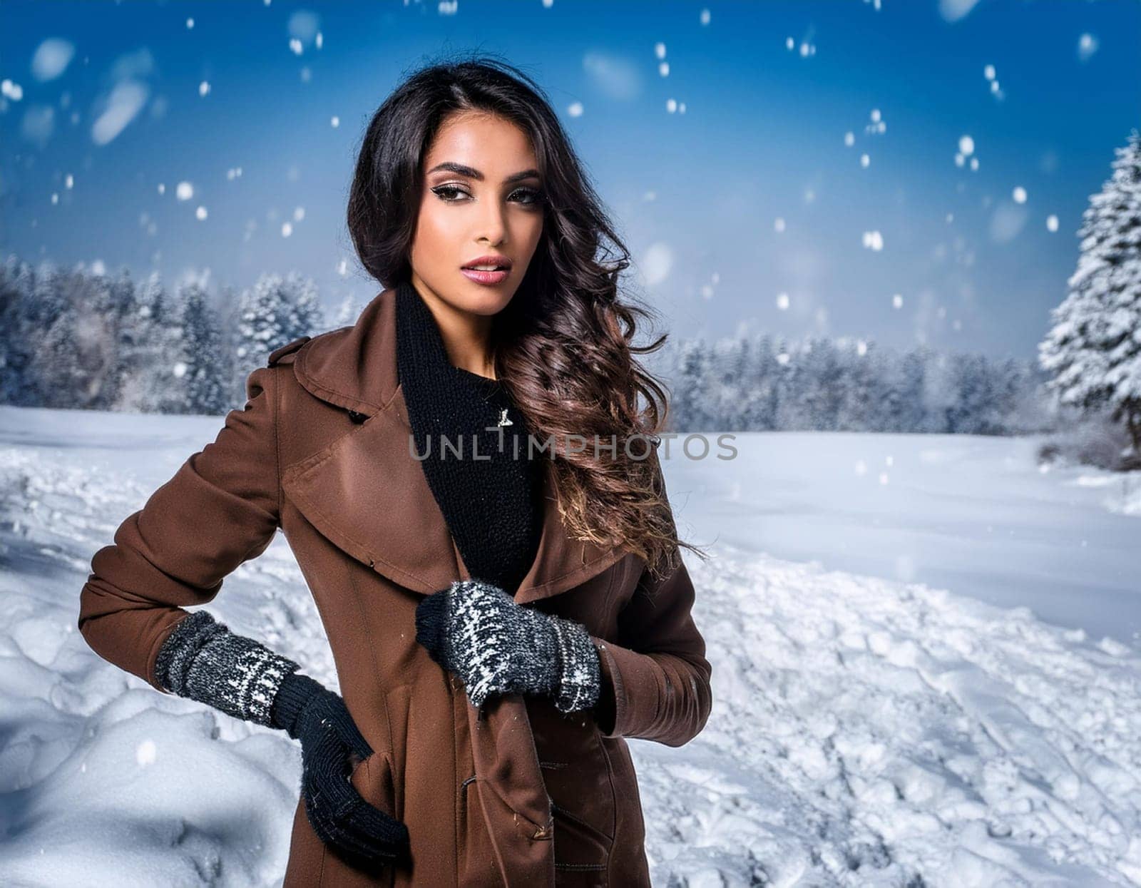 pretty young woman in the snow, AI generated image