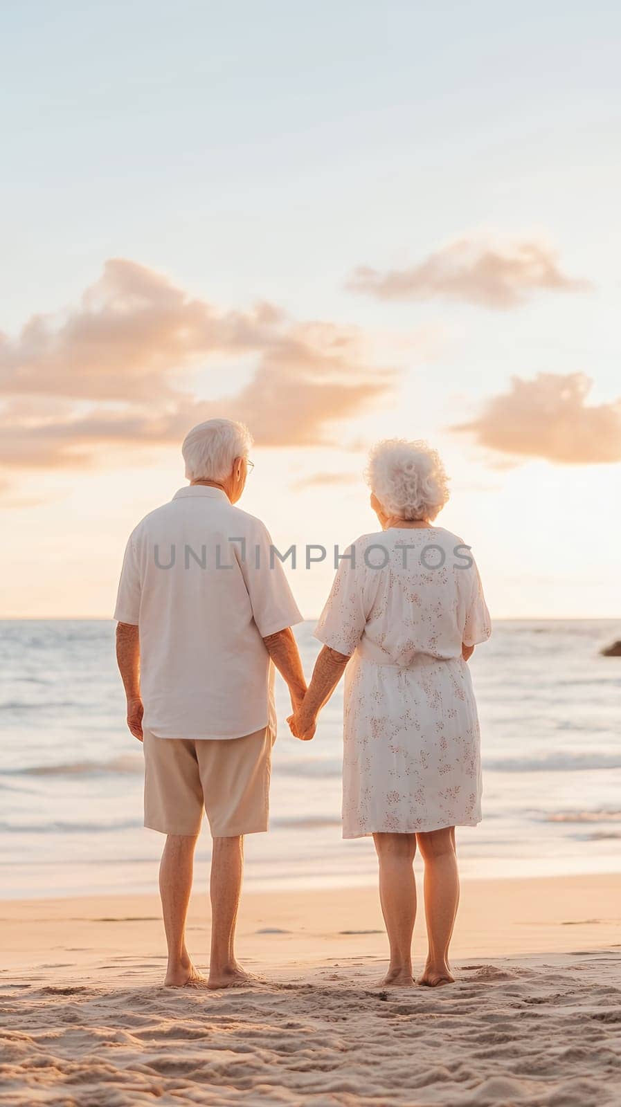 An elderly couple holds hands on the beach at sunset, symbolizing love, connection, and companionship.