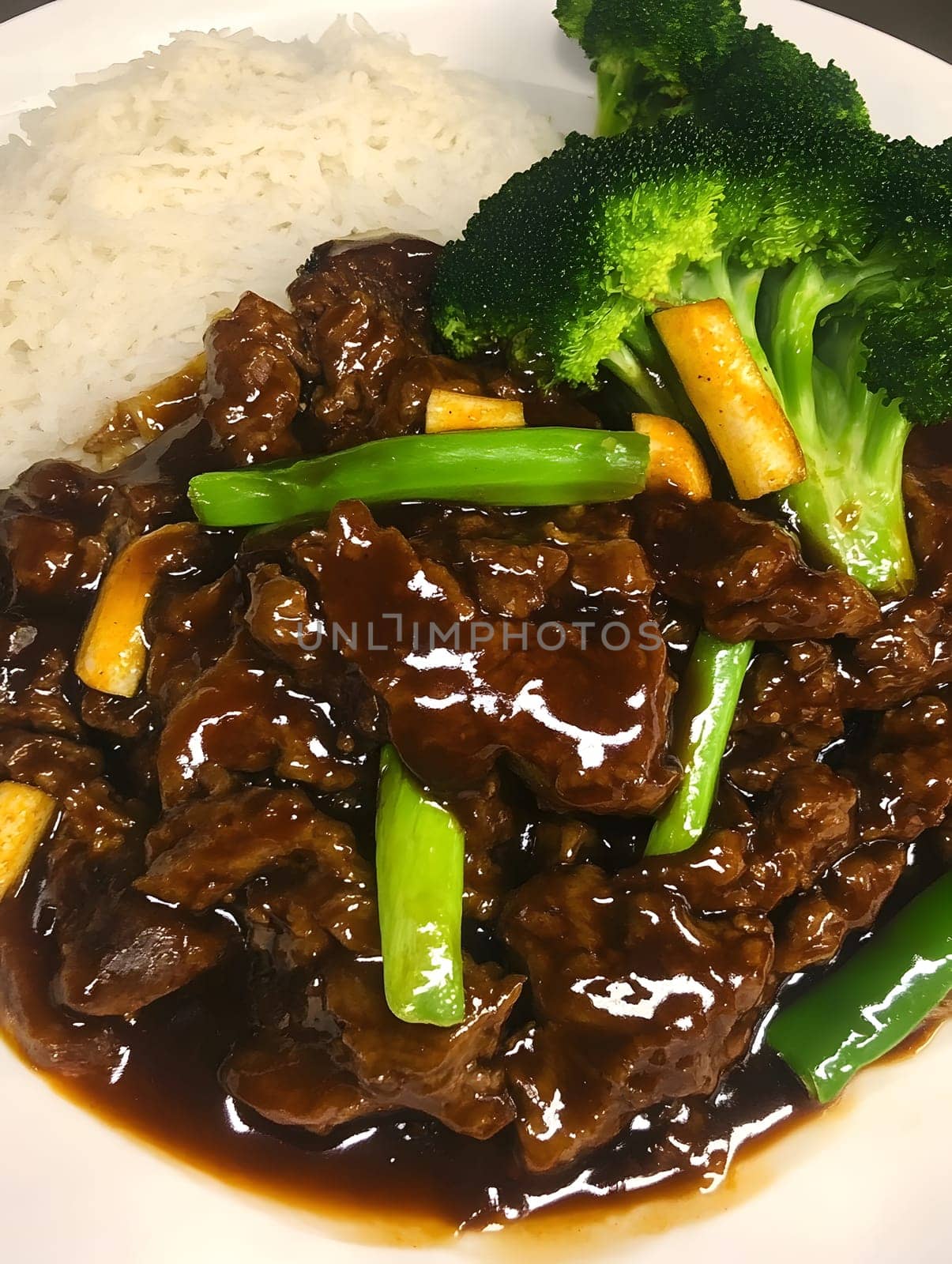 Mongolian Beef Asian gourmet meal with rice and vegetables