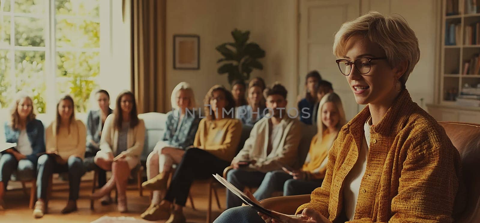 Professional therapist in mustard cardigan leading support group session, warm natural lighting through windows creates welcoming atmosphere.