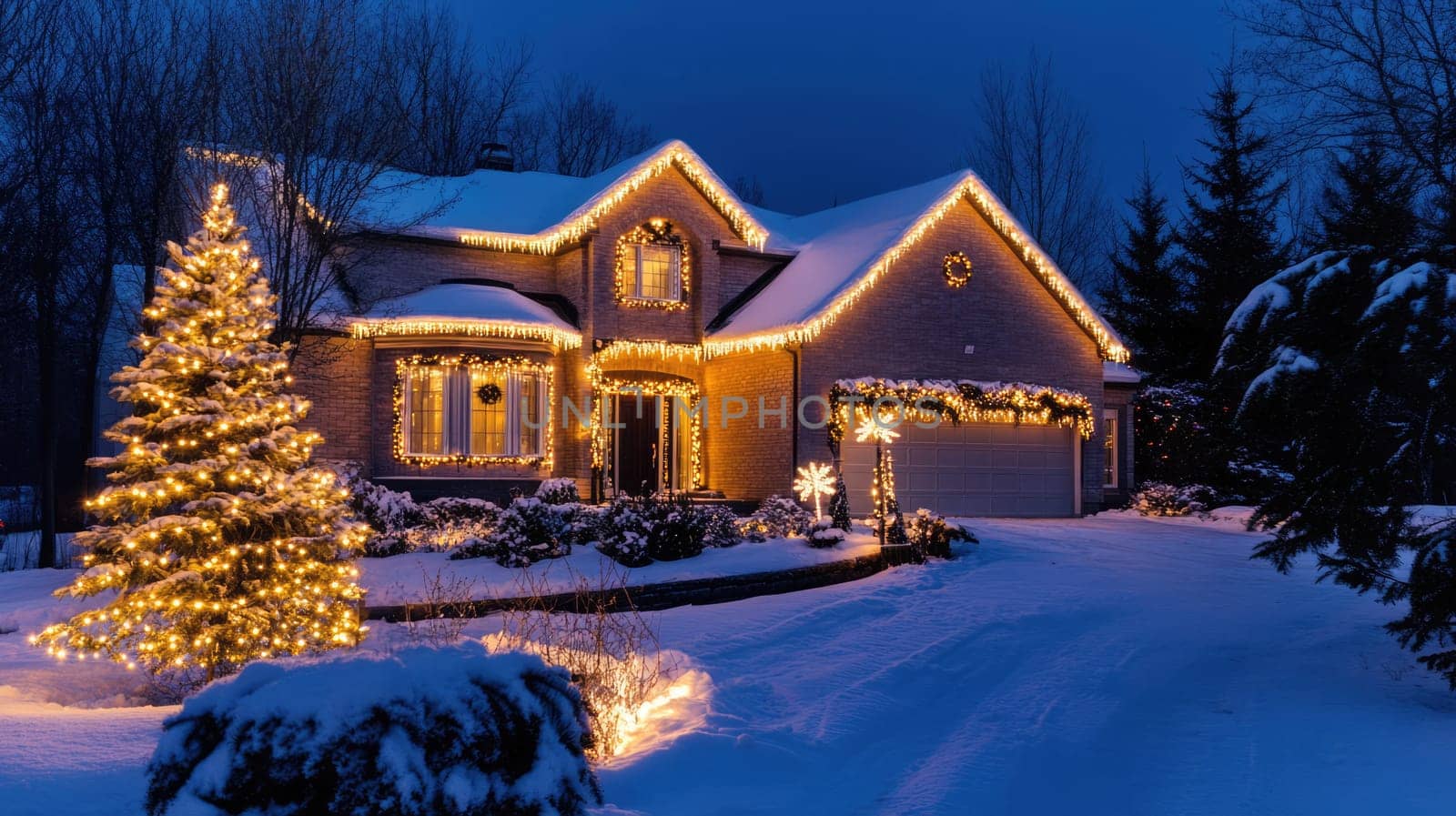 House decorated for Christmas and New Year. Beautiful mansion illumination, traditional holiday season.