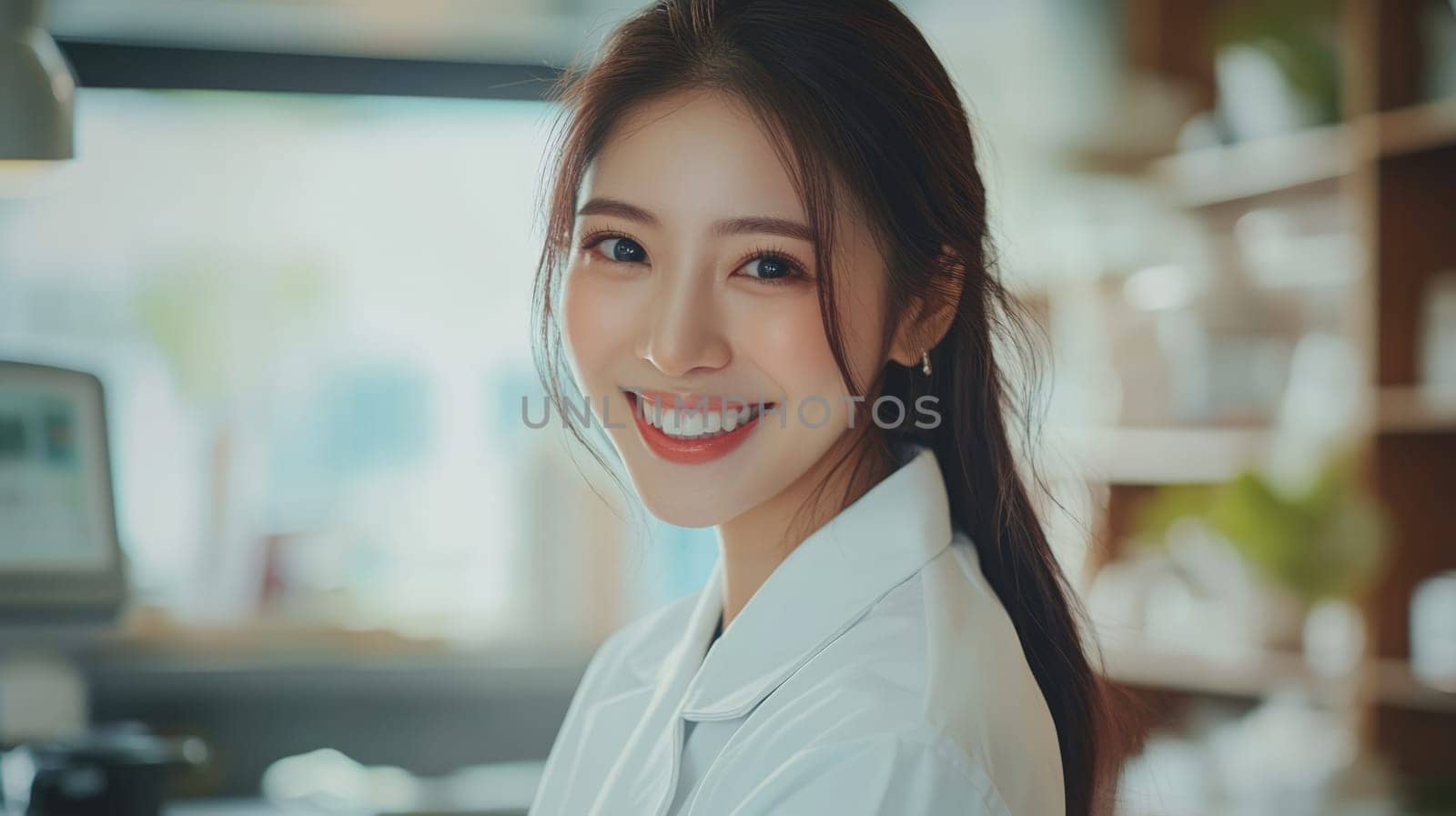 Beautiful young smiling Asian female doctor wearing white lab coat in hospital. Medical professional nurse at work. Healthcare and medicine concept.