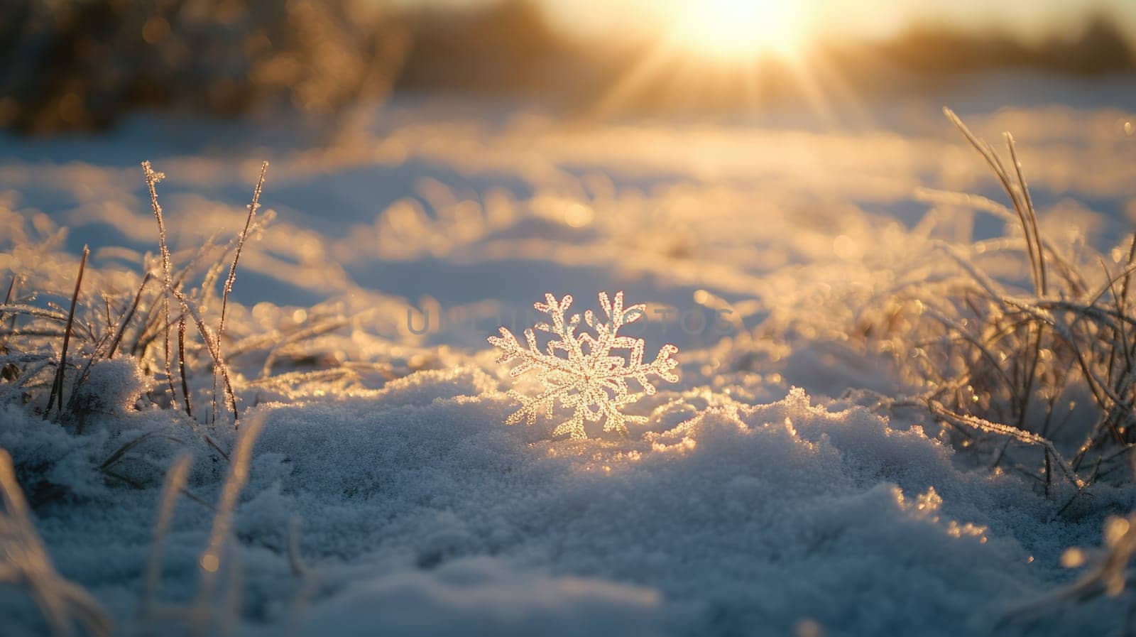 Sunlit snowflake in the snow in the woods. Seasonal winter image with copy space.