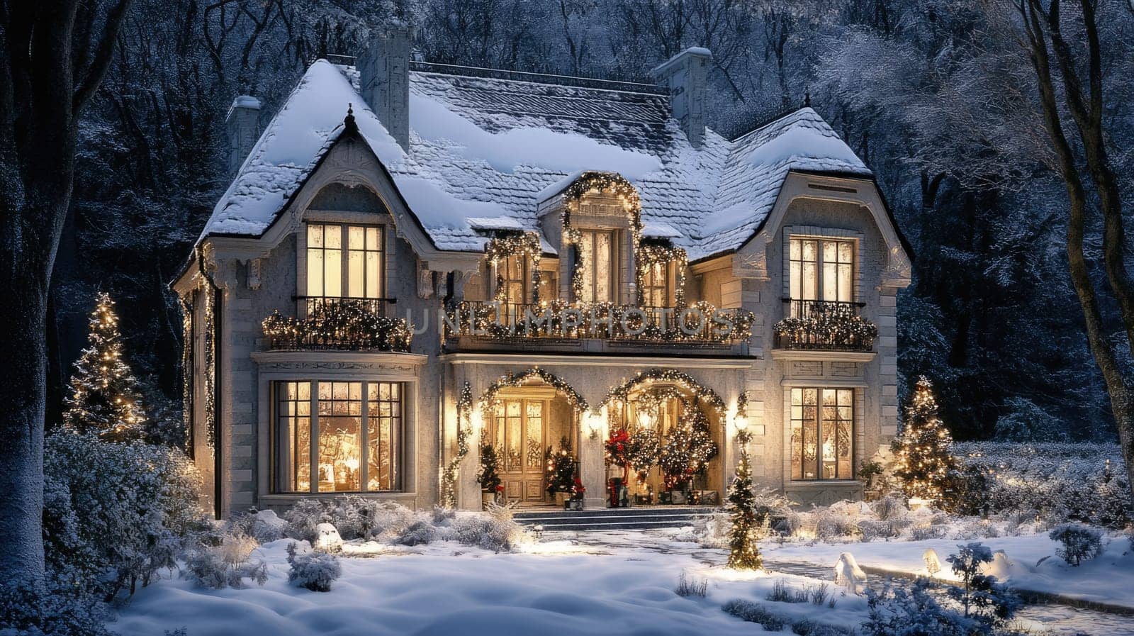 French style house decorated and illuminated for Christmas and New Year. City mansion in winter park covered with snow.