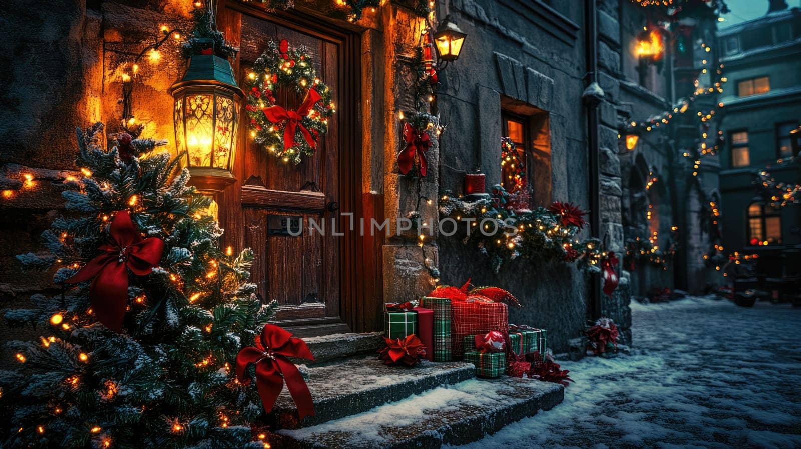 Christmas decoration with fir trees and lanterns in street of old city in Europe at night. Holiday illumination outdoors.