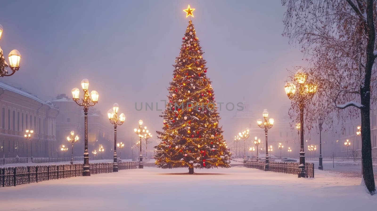 Decorated Christmas tree with colorful lights and a shining star on top in an illuminated winter city street at night.