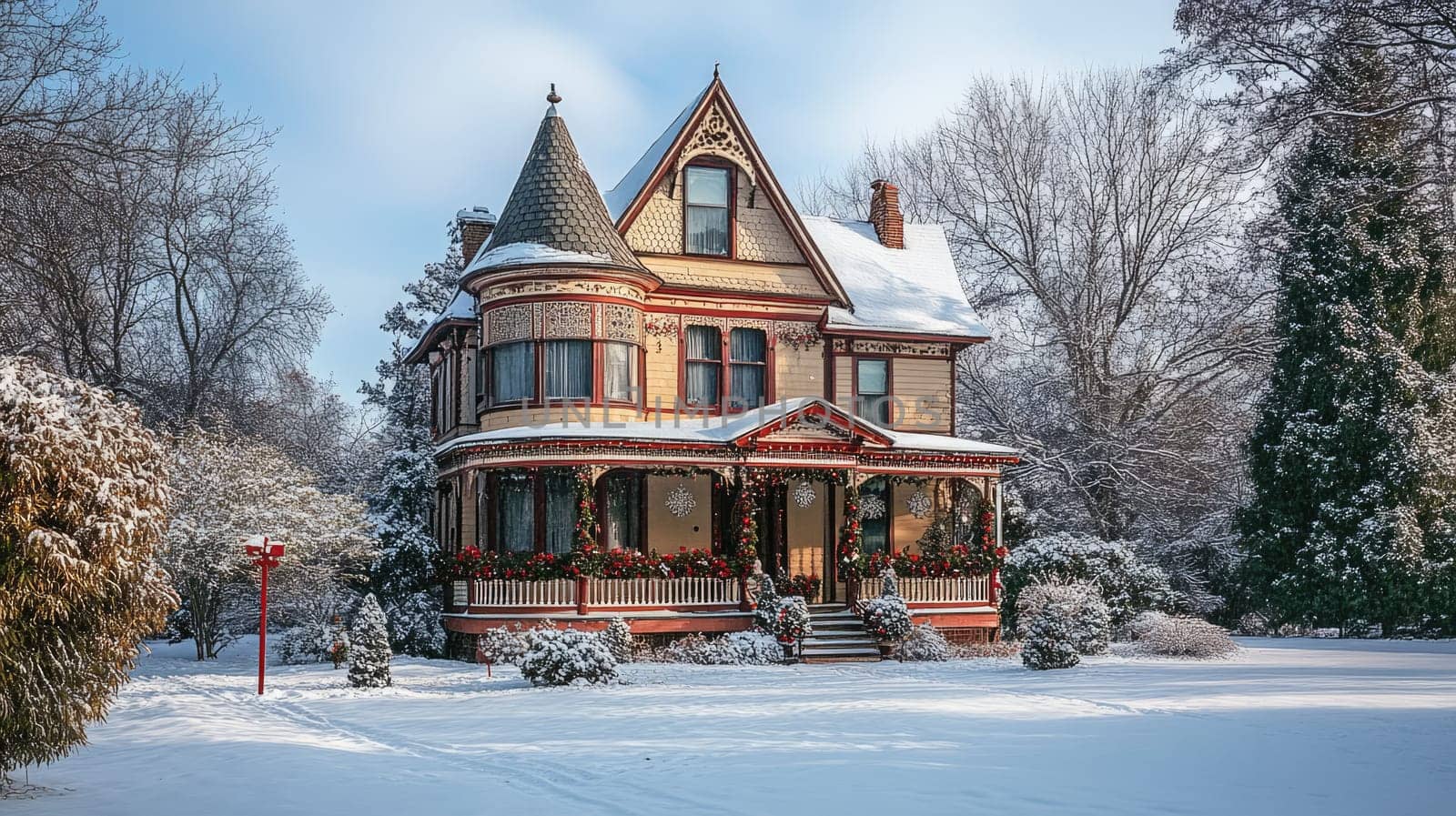 German style house in park covered with snow. Beautiful serene winter view of an old mansion.