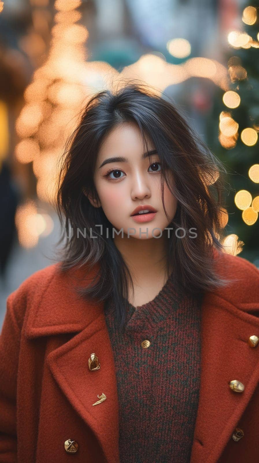 Beautiful young model looking Asian woman wearing winter clothes in city street illuminated with Christmas lights. Festive holiday background.