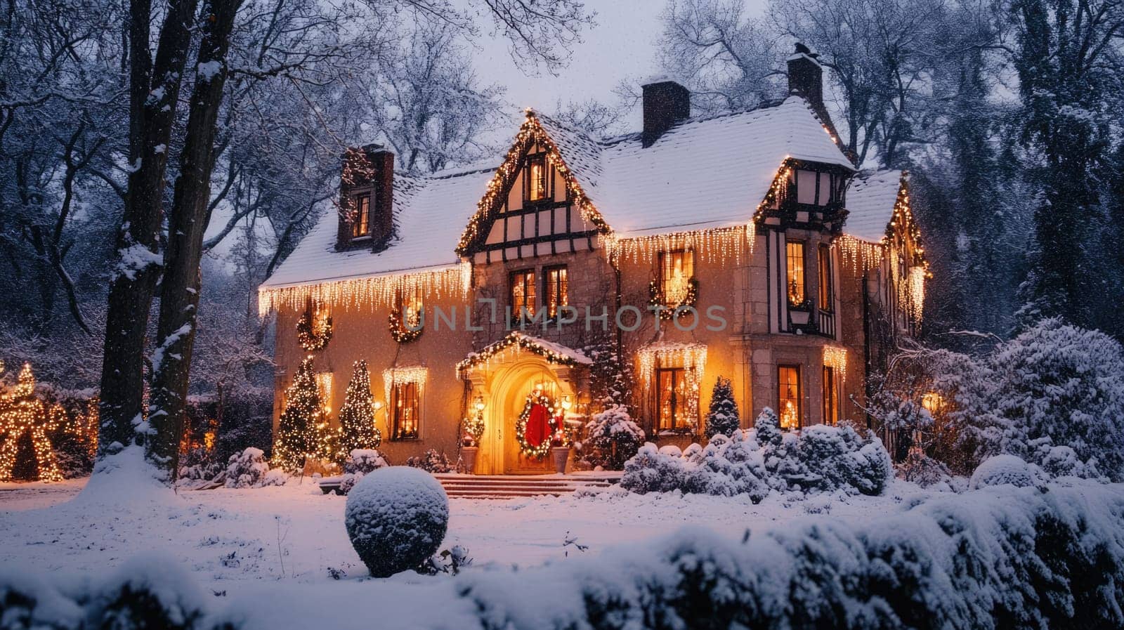 German style house decorated and illuminated for Christmas and New Year. City mansion in winter park covered with snow.