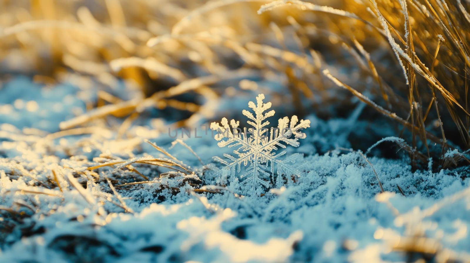 Sunlit snowflake in the snow on the ground. Seasonal winter image with copy space.