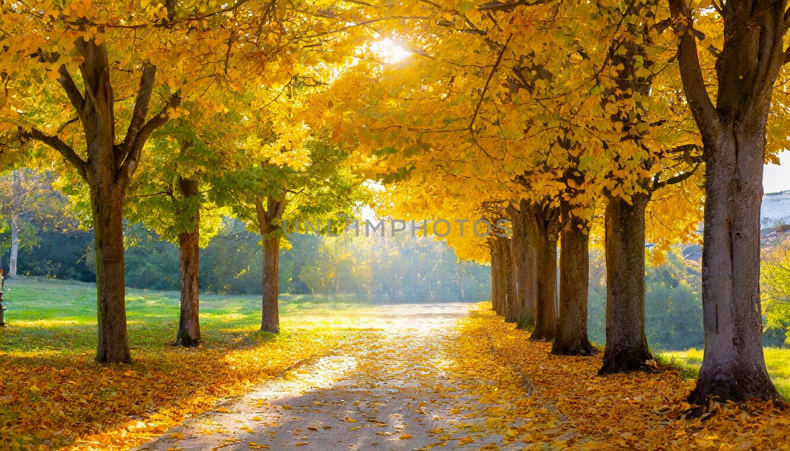 Autumn Pathway With Golden Trees - Generative AI