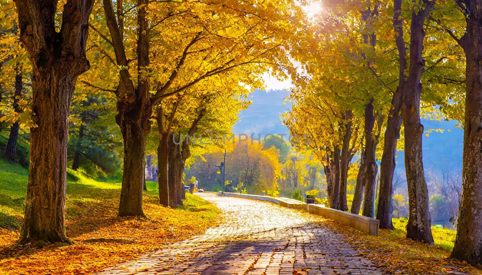 Autumn Pathway With Golden Trees - Generative AI