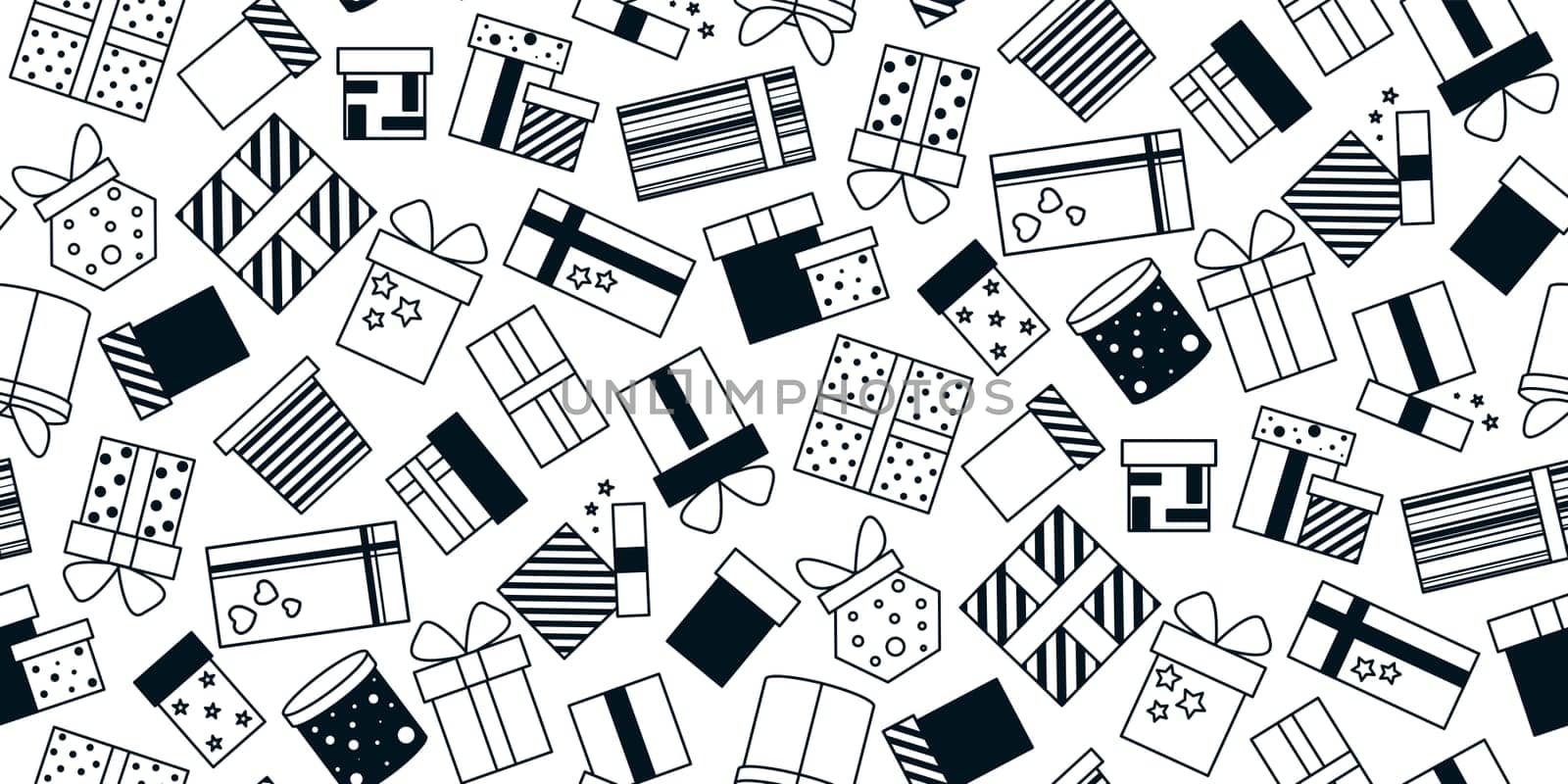 Gift boxes seamless pattern doodle sketch style. Monochrome black silhouette gifts background. Hand drawn holiday print with surprises for textile, packaging, paper, fabric, design, vector graphics