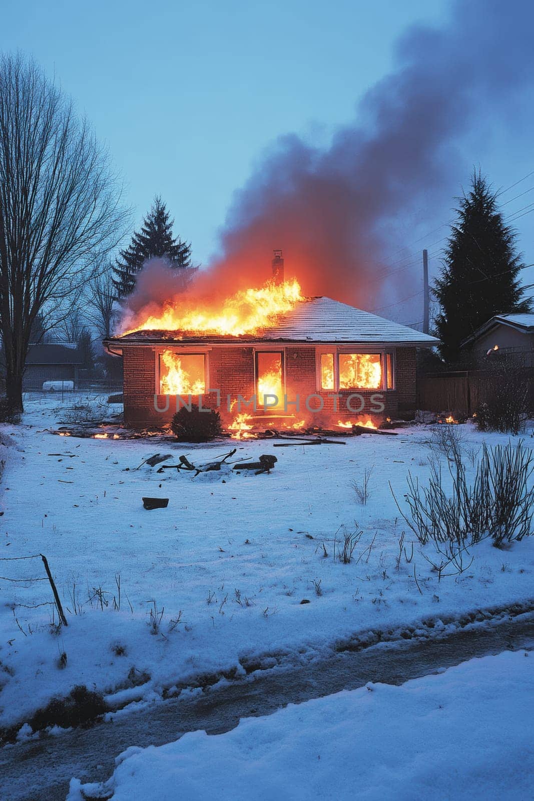 Burning house standing alone , backyard at night. AI generative.