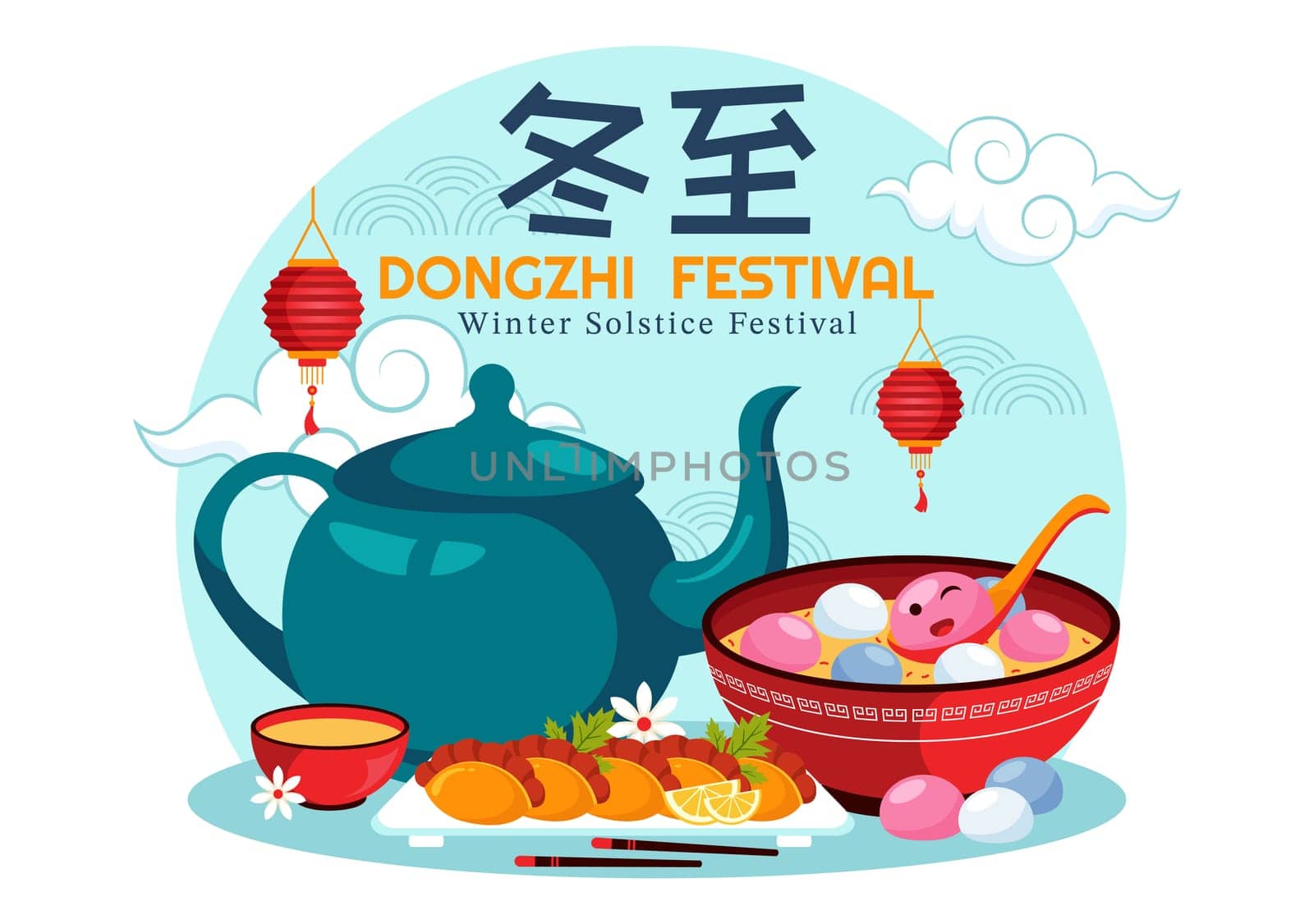 Dongzhi Festival Translation. Winter Solstice Festival Vector Illustration featuring Chinese Foods Tangyuan and Jiaozi in a Traditional Background