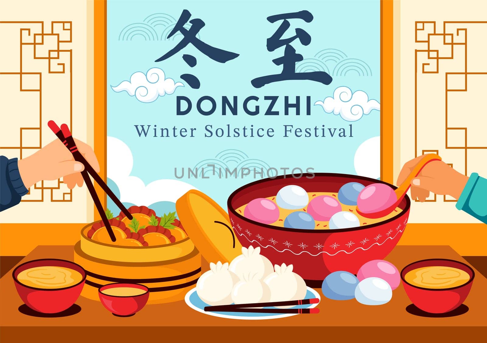 Dongzhi Festival Translation. Winter Solstice Festival Vector Illustration featuring Chinese Foods Tangyuan and Jiaozi in a Traditional Background