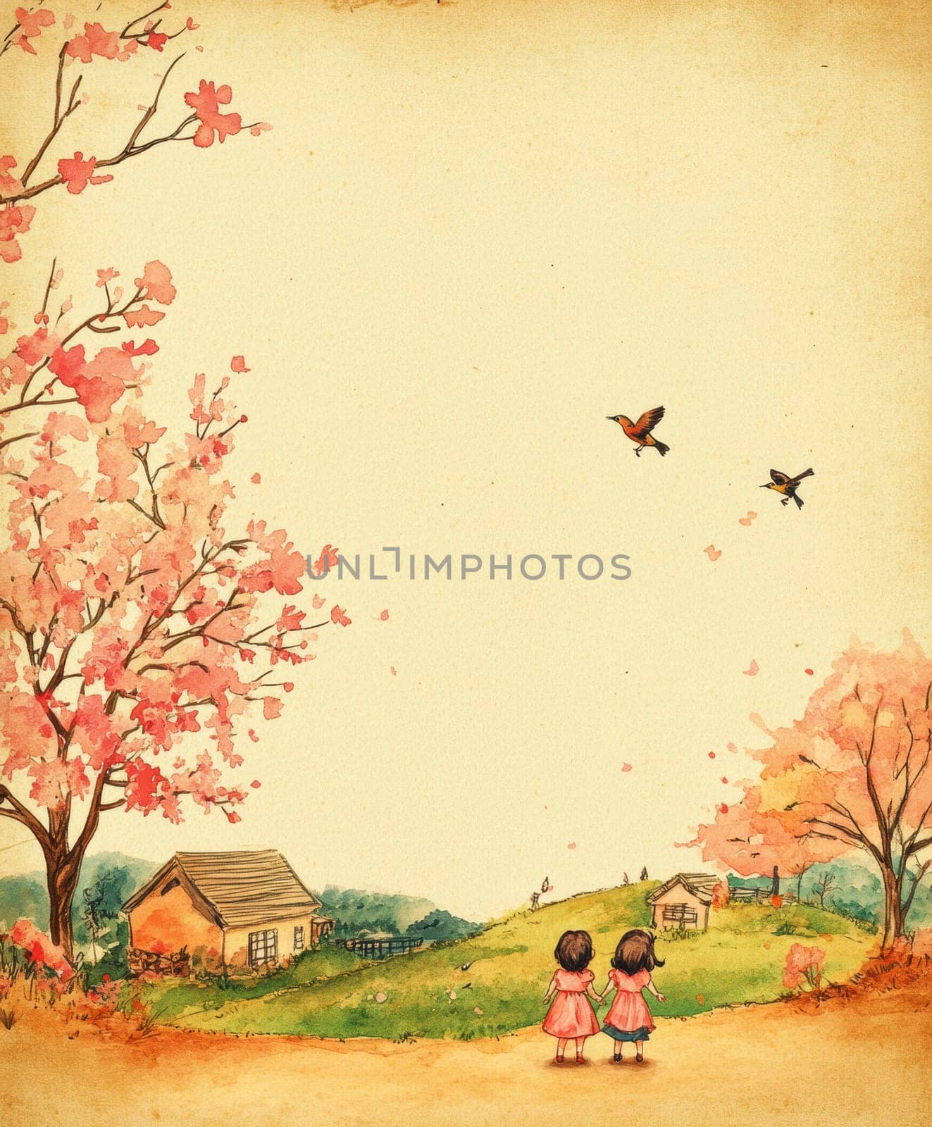 Little girls playing in the garden,in the sky birds and in the distance you can see the house.AI generative.
