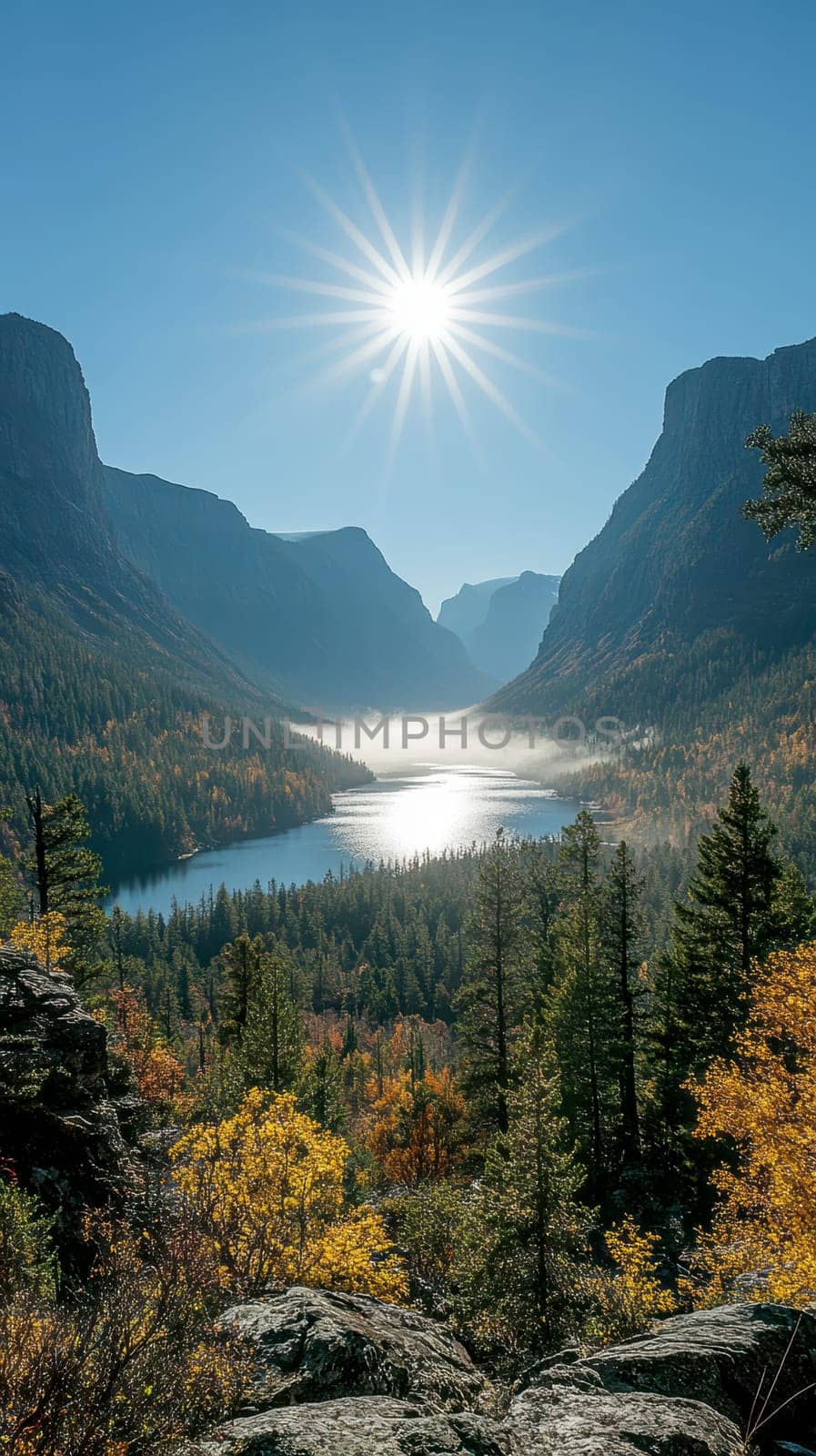sunlight casting over foggy mountains and an autumn forest. AI generative.