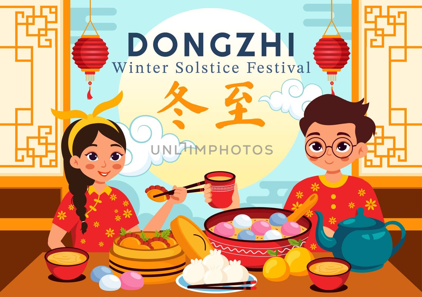 Dongzhi Festival Translation. Winter Solstice Festival Vector Illustration featuring Chinese Foods Tangyuan and Jiaozi in a Traditional Background