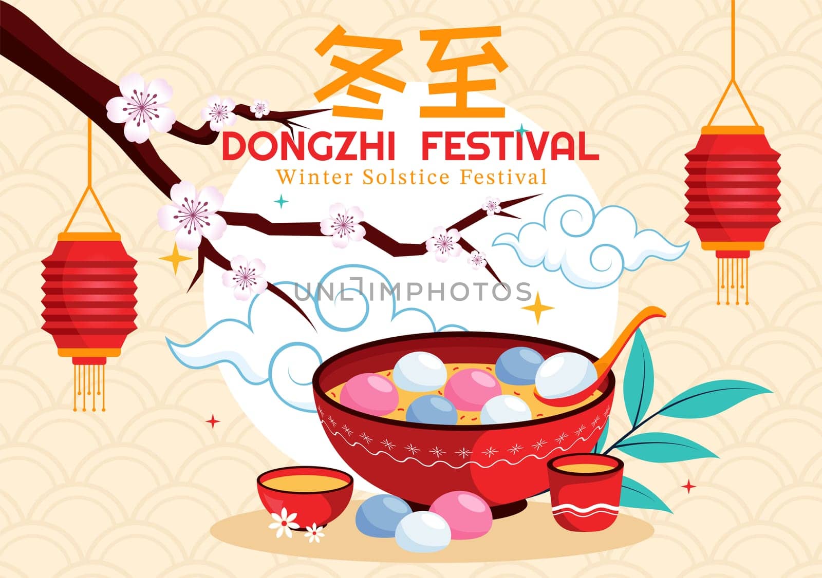Dongzhi Festival Translation. Winter Solstice Festival Vector Illustration featuring Chinese Foods Tangyuan and Jiaozi in a Traditional Background