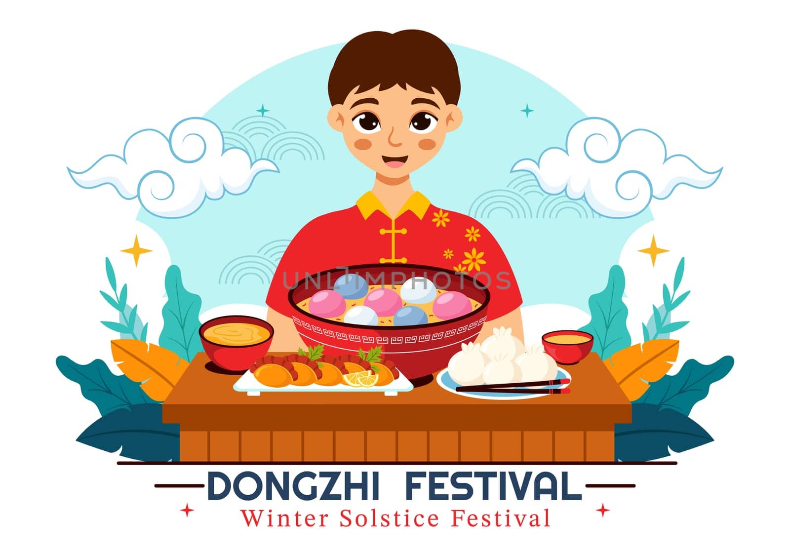Dongzhi Festival Translation. Winter Solstice Festival Vector Illustration featuring Chinese Foods Tangyuan and Jiaozi in a Traditional Background