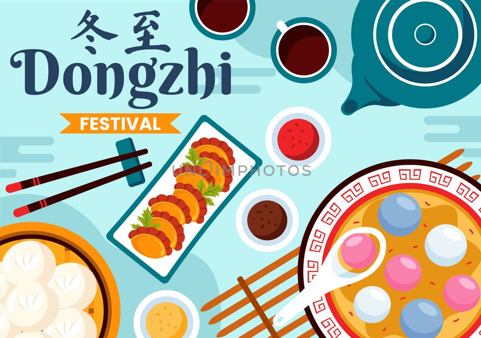 Dongzhi Festival Translation. Winter Solstice Festival Vector Illustration featuring Chinese Foods Tangyuan and Jiaozi in a Traditional Background