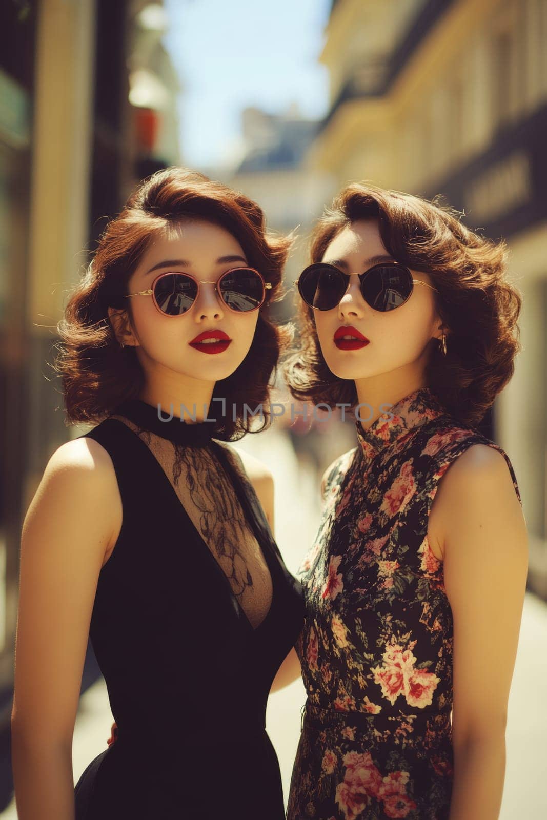 Photographs of women styled in the 1940s-50s taken on the streets of American cities. AI generative.