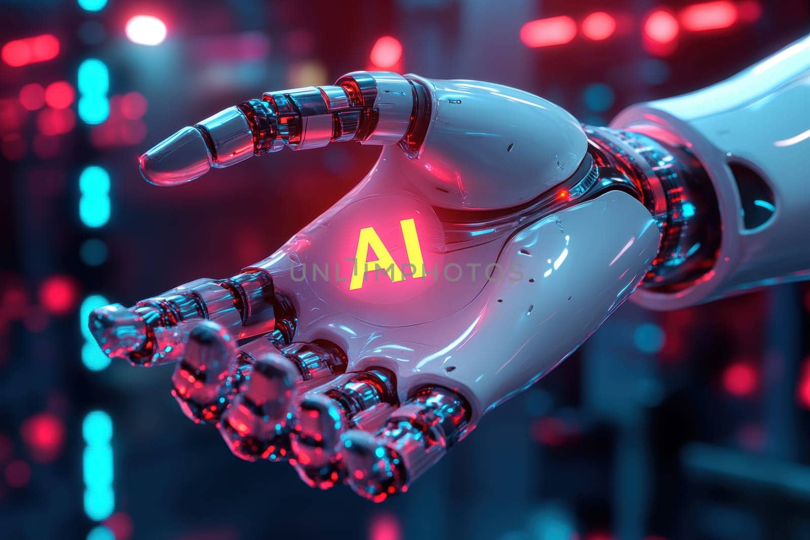 robot hand gently holding an 'AI' logo in its palm. AI generative.