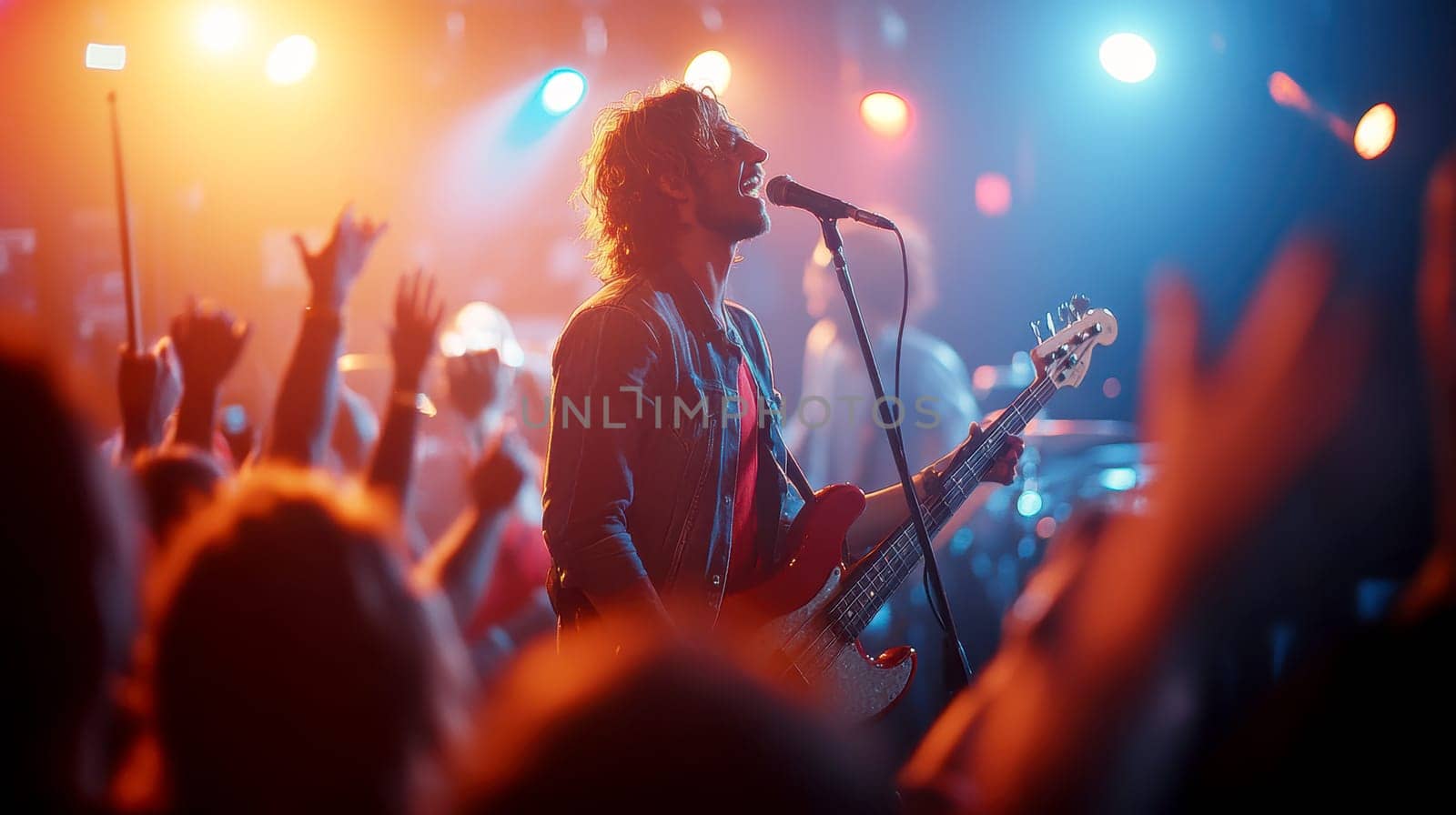 rock concert taking place in a small, intimate concert hall. AI generative.