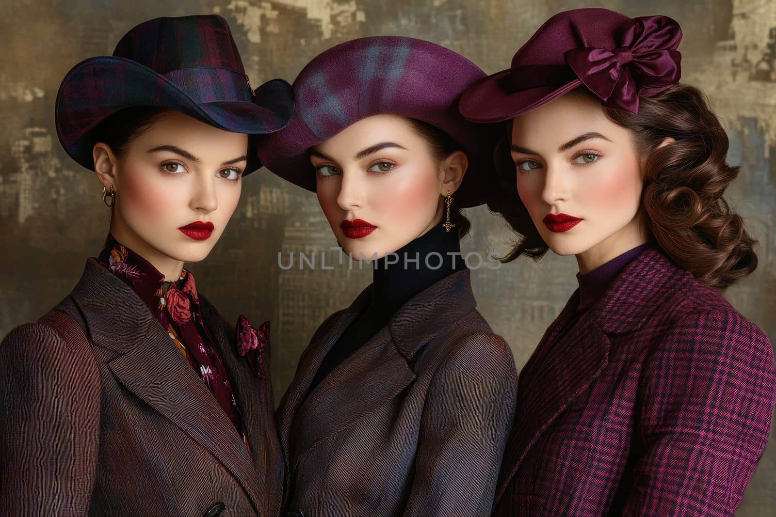 Photographs of women styled in the 1940s-50s taken on the streets of American cities. AI generative.
