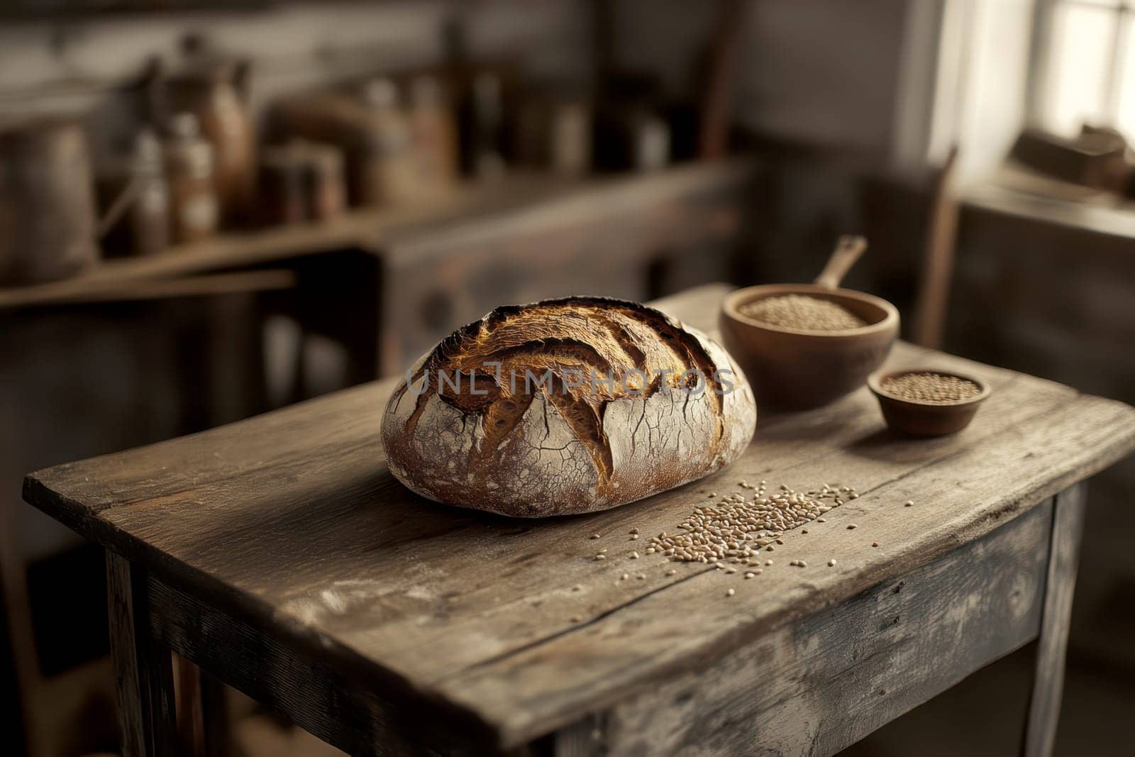 A rustic loaf of bread lying on a wooden table. AI generative.