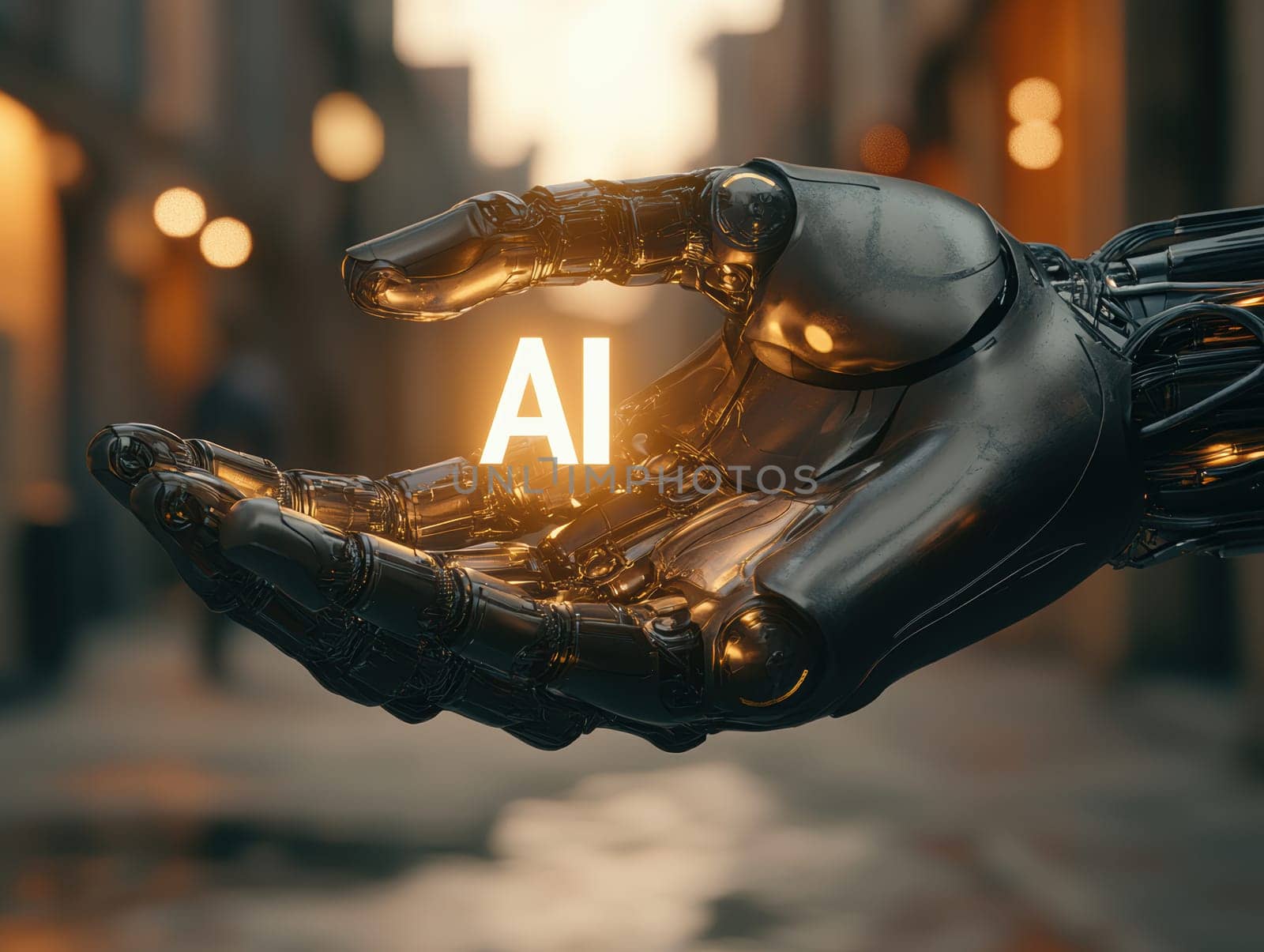 robot hand gently holding an 'AI' logo in its palm. AI generative.