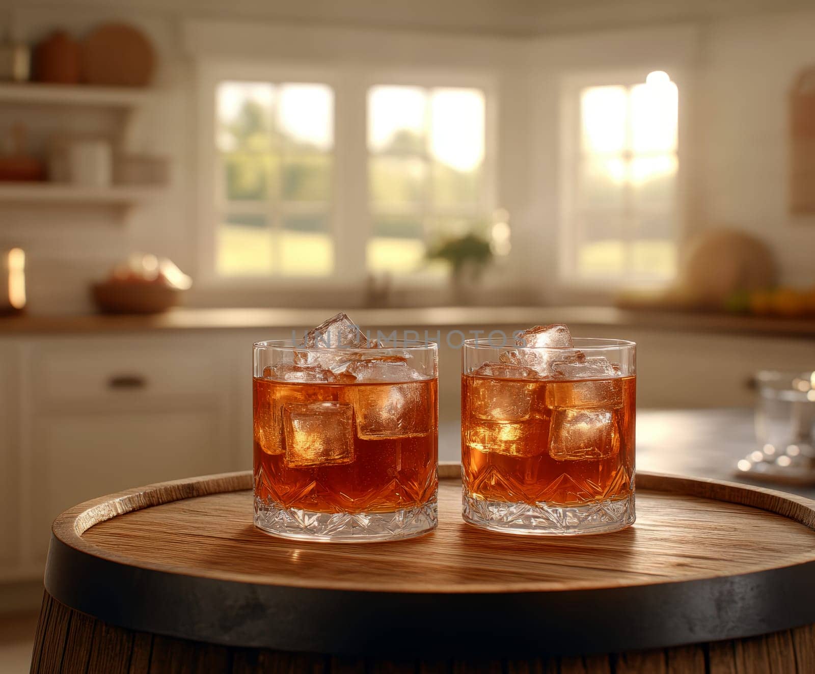 Two elegant, crystal-clear glasses of whiskey with ice cubes. AI generative.