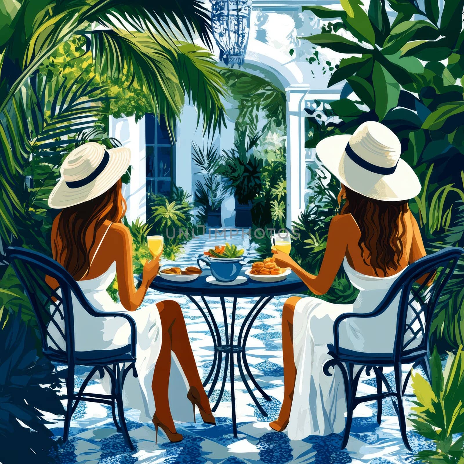 modern tea garden talking women, simple illustration style. AI generative.