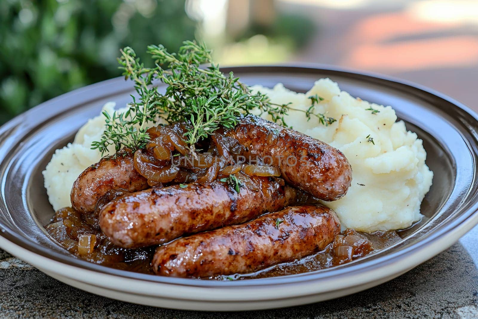 Traditional Polish dish, potatoes with baked kielbasa and onion sauce. AI generative.