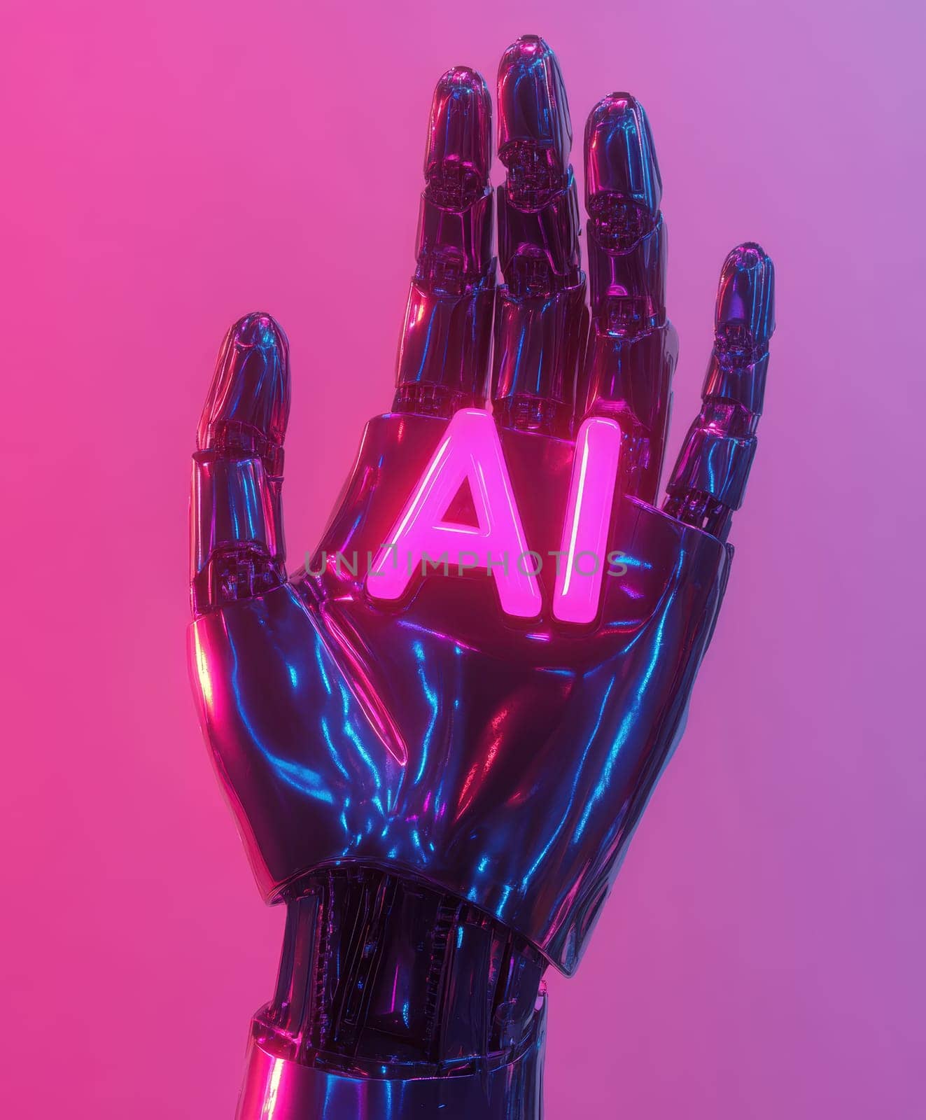 robot hand gently holding an 'AI' logo in its palm. AI generative.