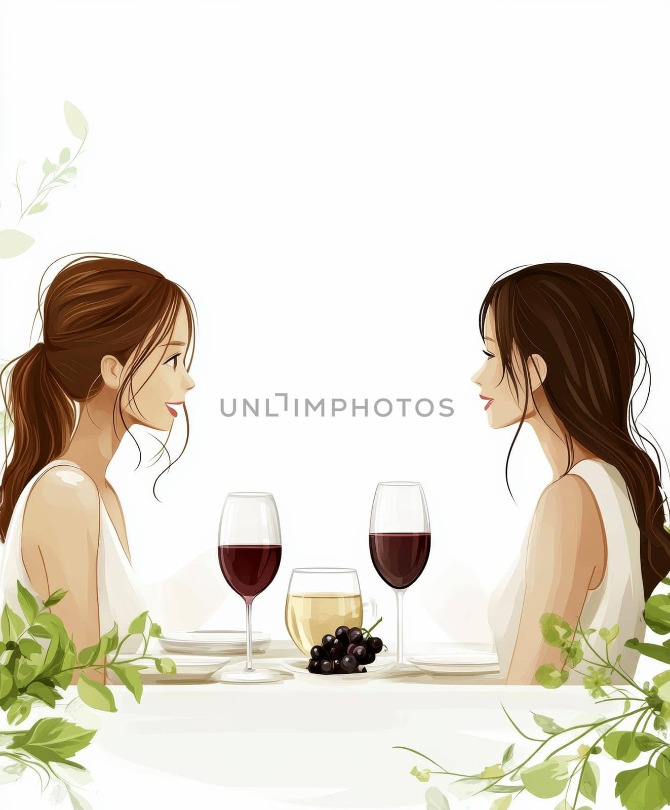 modern tea garden talking women, simple illustration style. AI generative.