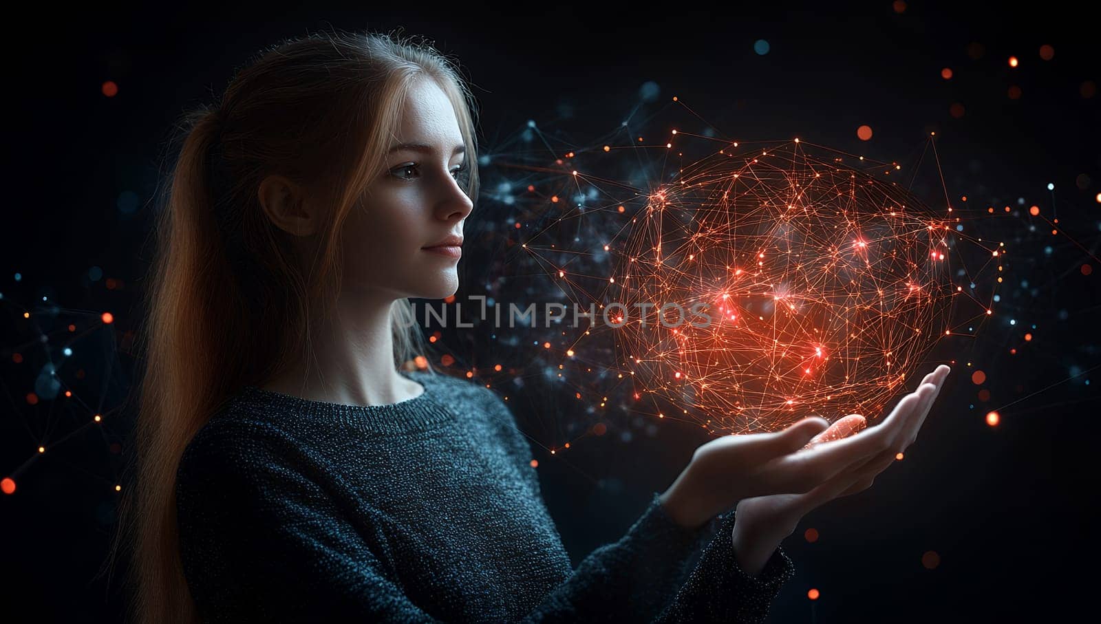 Young woman with long blonde hair contemplating floating network sphere of glowing connections, representing future technology and innovation.